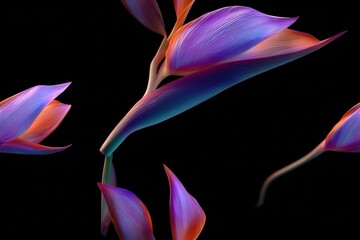 Obraz premium Vibrant bird of paradise flowers with lush green leaves stand out against a black background, showcasing exotic tropical beauty.