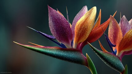 Vibrant bird of paradise flowers with lush green leaves stand out against a black background, showcasing exotic tropical beauty.