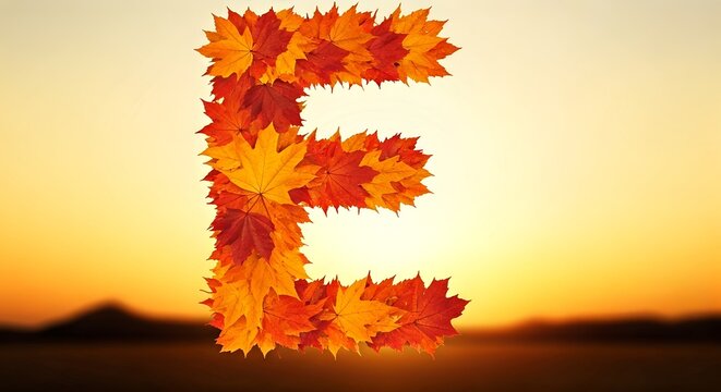 Autumnal letter E made of colorful leaves against warm sunset background