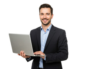 Smiling businessman holding a laptop isolated on transparent background