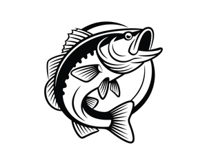 Naklejka premium largemouth bass jumping fish Black and white illustration