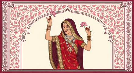 Indian Woman Holding Lotus Flowers in Traditional Attire