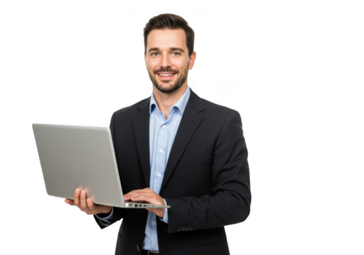 Smiling businessman holding a laptop isolated on transparent background