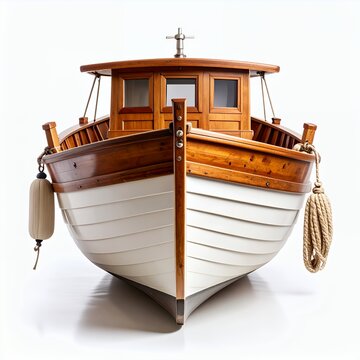 A meticulously crafted wooden boat model showcasing fine details and craftsmanship on white background