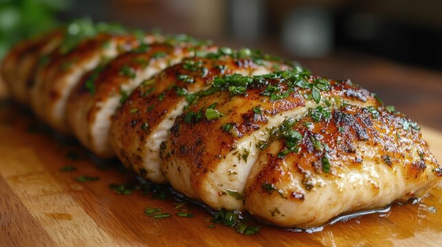 Close-up of sliced, roasted chicken breast, seasoned with herbs, on wooden board.