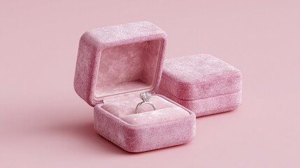 A solitaire diamond engagement ring rests inside a blush pink velvet ring box, a second box sits unopened nearby