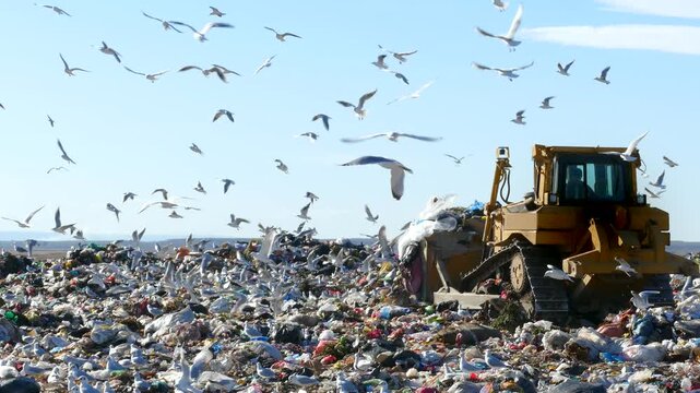 Garbage dump environmental pollution, earthmover bulldozer is working through massive piles of trash while many seagulls fly above. There are lots of plastic bags and bottles at landfill near the city