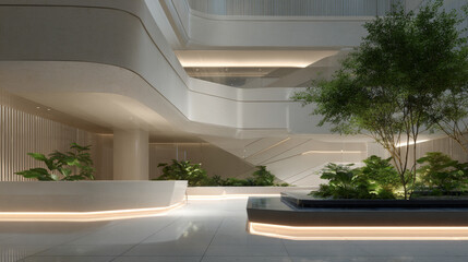 Modern Architectural Interior with Greenery and Soft Lighting

