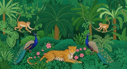 Jungle Scene with Leopard, Peacocks, and Monkeys tropical forest