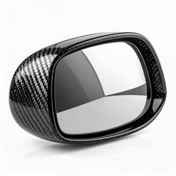 Stylish carbon fiber side mirror reflecting a pristine view showcasing automobile part on white background