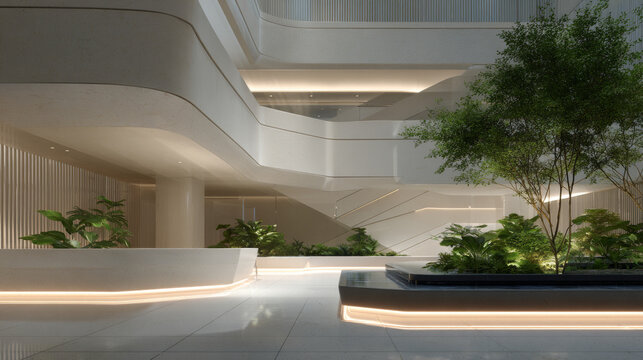 Modern Architectural Interior with Greenery and Soft Lighting

