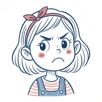 Portrait of little girl with expression of great resentment on her face.  Doodle style illustration, white background.