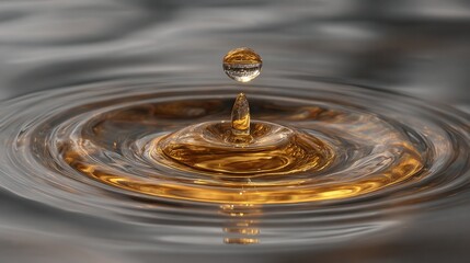 Golden liquid drop creates ripples in still water.