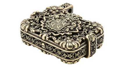 Ornate brass box showcasing intricate filigree detailing and a heraldic shield.