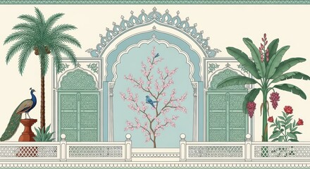 Peacock and Cherry Blossom Tree in an Indian Courtyard