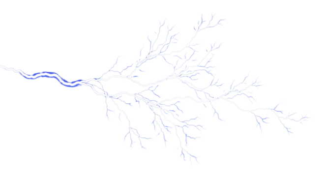 A detailed illustration of a branching lightning bolt, vibrant light-blue hues against a stark black background.