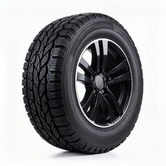 Obraz premium Detailed shot of a car tire with a black rim, featuring a tread design on white background
