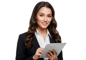 Smiling businesswoman holding a tablet isolated on transparent background