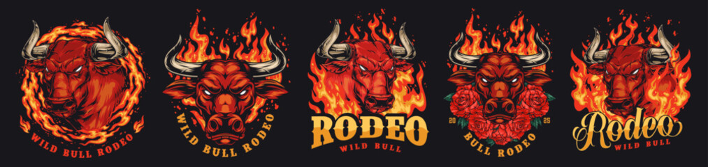 Fire-themed wild bull rodeo artwork display
