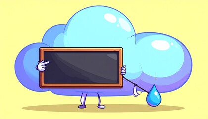 Cloud Character Holding Blackboard with Raindrop and Pointer.
