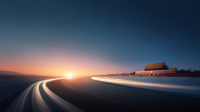 background of beijing forbidden city and raod with tech lines
