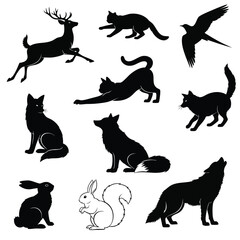 Collection of black silhouettes of forest animals like deer wolf fox and cat with a squirrel line drawing.