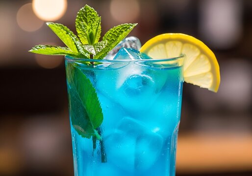 A refreshing blue cocktail with ice, mint, and a lemon slice, perfect for a summer day at the bar