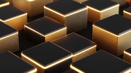 Abstract geometric design with glowing gold edges on black cubes. - Powered by Adobe
