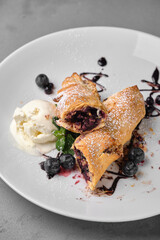 Close-up shot of a gourmet dessert featuring a blueberry pastry served with vanilla ice cream, fresh blueberries, and a drizzle of sauce.
