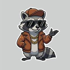 Cool cartoon raccoon mascot in a leather jacket sunglasses and baseball cap.