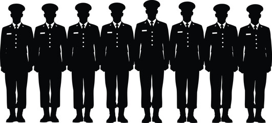 Silhouette of a group of military officers standing in uniform, discipline, leadership, unity, strength, formal attire, teamwork, honor, protection, armed forces, readiness