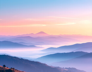 Obraz premium Pastel Colored Sunrise Over Gentle Mountain Horizon
