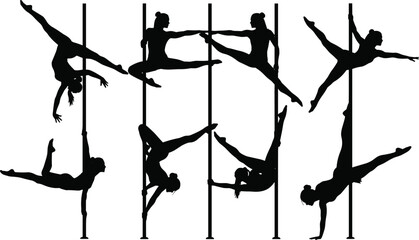 Pole, Dance, Silhouette, Acrobat, Flexibility, Strength, Balance, Female, Vector, Minimalist, Black, Line, Art, Pose, Split, Inverted, Motion, Performance, Set, Athletic