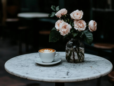 Marble table, latte art coffee, and blush roses in a glass vase
