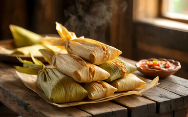A photograph of a stack of freshly made tamales, resting on a rustic wooden table. Each tamale is wrapped in a vibrant green corn husk, tied with a thin strip of corn husk. Steam rises gently from the