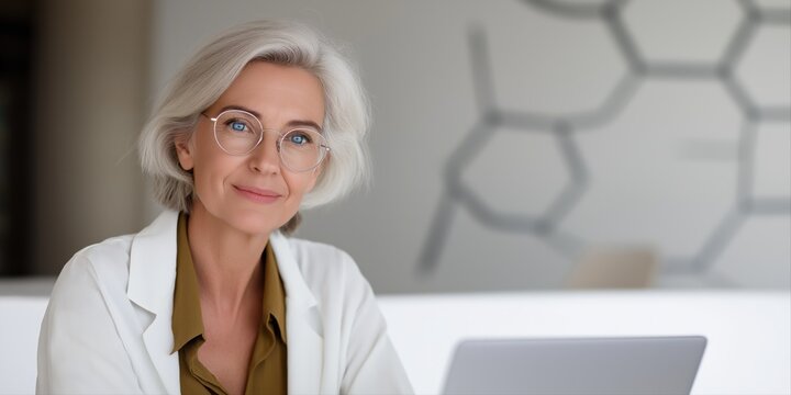 Elderly caucasian female scientist with laptop in modern laboratory setting