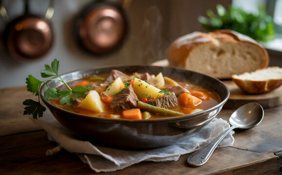 A photograph of a steaming bowl of "Puchero" soup, presented on a rustic wooden table. The soup itself is rich and golden brown, filled with tender chunks of beef, potatoes, carrots, and green beans, 