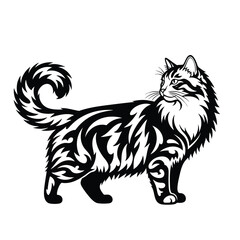 Elegant longhaired cat with a curled tail and intricate tribal tattoo style fur.