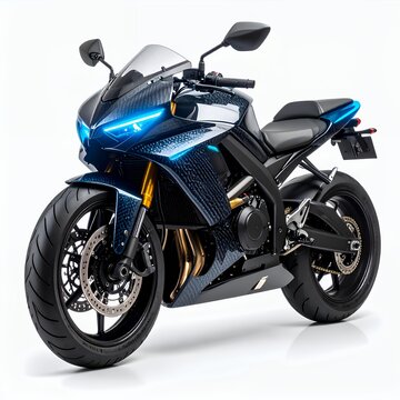 Sleek futuristic sportbike with illuminating accents, conveying speed and innovation on white background