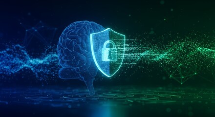 Digital Brain Security Concept with Shield and Padlock. AI Data Protection, Cybersecurity, and Privacy for Intellectual Property.