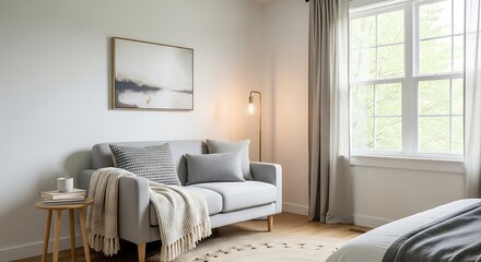 Bright and airy living room corner with a stylish grey sofa, warm floor lamp, and contemporary home furnishings