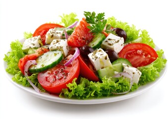 Appetizing Greek salad on a plate, featuring fresh tomatoes, cucumbers, feta cheese, red onion, olives, and lettuce