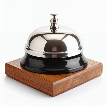 Polished service bell resting on a wooden block evoking retro charm on white background