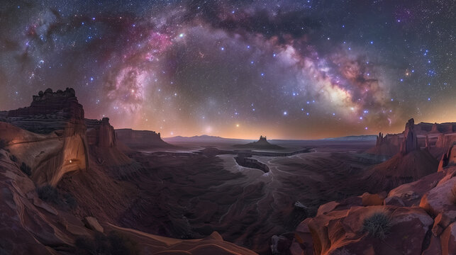Stunning Panoramic View of Milky Way Over Exotic Cliffs, Captured with Ultra-Wide Lens, Starry Sky Detail from Canyon Depths, Vibrant Indigo and Pink Tones, Awe-Inspiring Scene