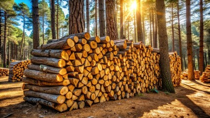 Golden Hour Lumber Stack in a Sunlit Pine Forest