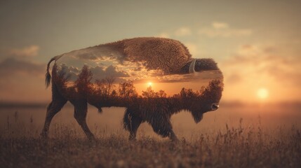 Bison Silhouette with Sunset Landscape Double Exposure