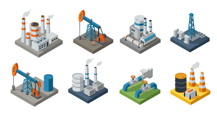 Isometric industrial icons: oil rigs, factories, and refineries in energy sector design