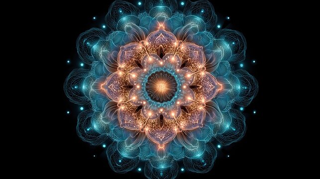 Intricate mandala pattern with ethereal blue and orange glow on a stark black backdrop.