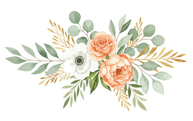 Elegant Watercolor Floral Bouquet with Roses Peonies Anemone and Leaves