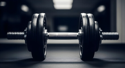 Fototapeta premium Iron Dumbbell with Black Plates on Gray Surface in Fitness Setting